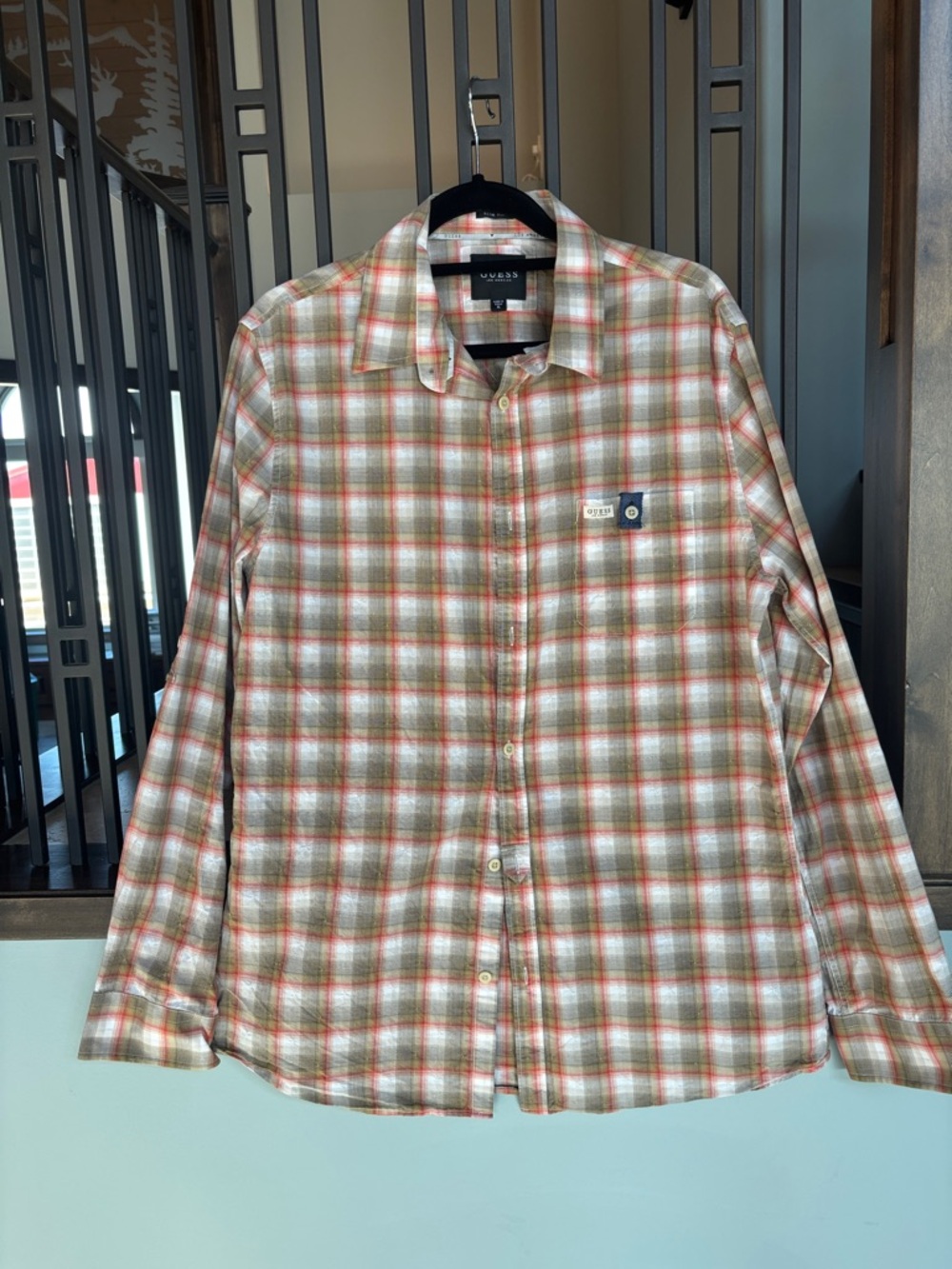 Guess Men's Plaid Button-Down Shirt - Olive, Red, White Slim Fit